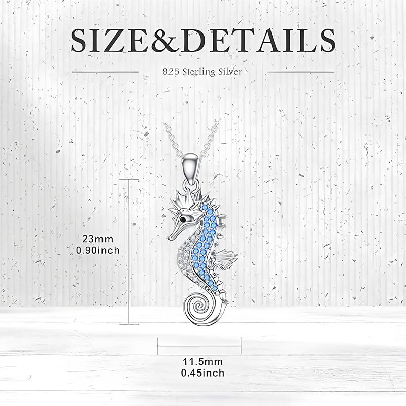 S925 seahorse pendant necklace in sterling silver with blue gemstone accents and intricate design