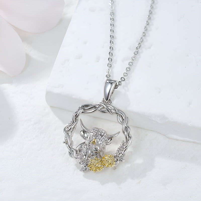 Origsoul S925 silver bull pendant necklace with intricate design and floral accents on a silver chain