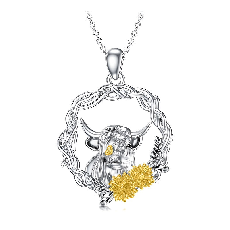 Origsoul S925 silver bull pendant necklace with floral design and intricate details