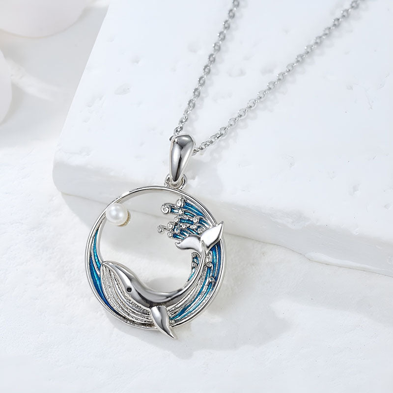 Origsoul S925 silver dolphin necklace with blue wave design and pearl accent