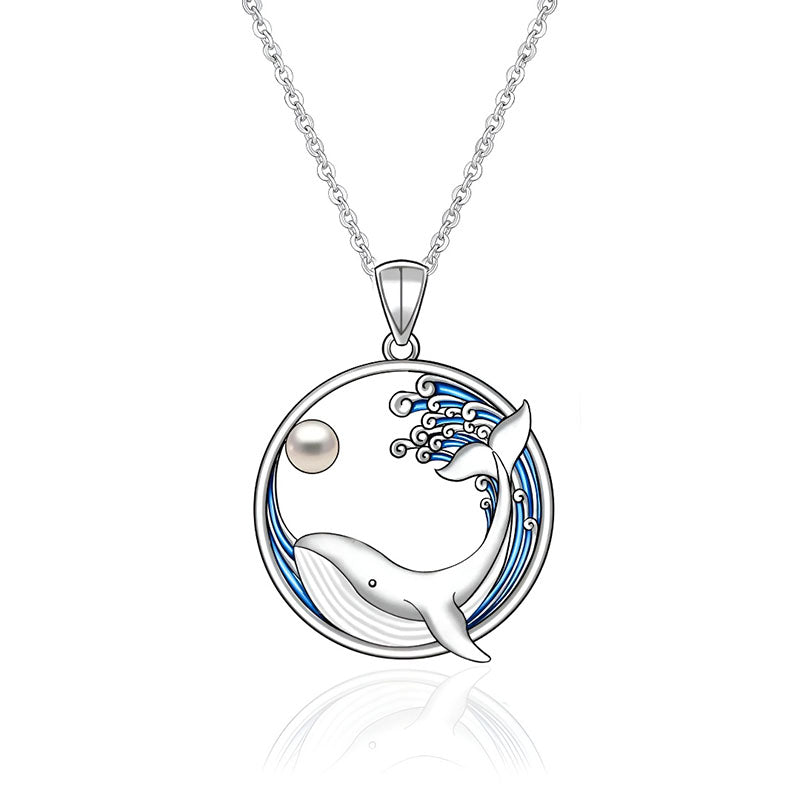 S925 silver dolphin necklace featuring a playful dolphin design with blue waves and a pearl charm