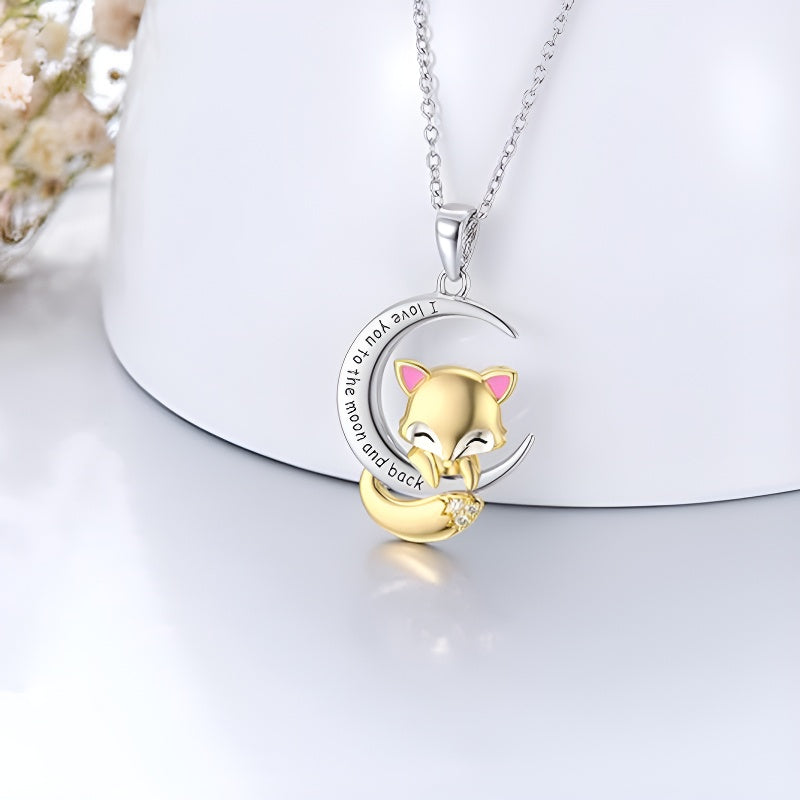 S925 silver fox pendant necklace with a playful design featuring a crescent moon