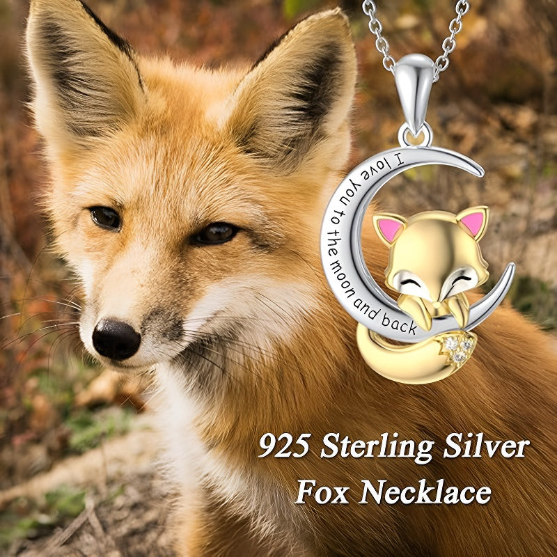 S925 silver fox pendant necklace featuring a playful fox design with the inscription I love you to the moon and back