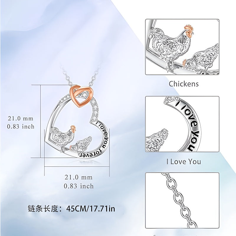 Origsoul S925 silver rooster zodiac necklace with heart and engraved message design