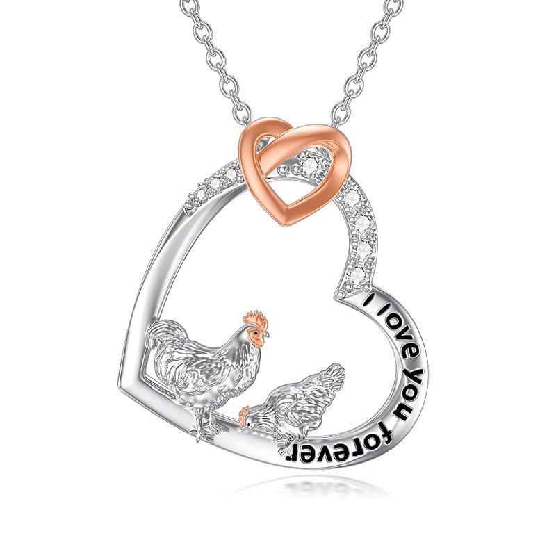 Origsoul S925 silver rooster zodiac necklace with heart design and 'I love you forever' engraving