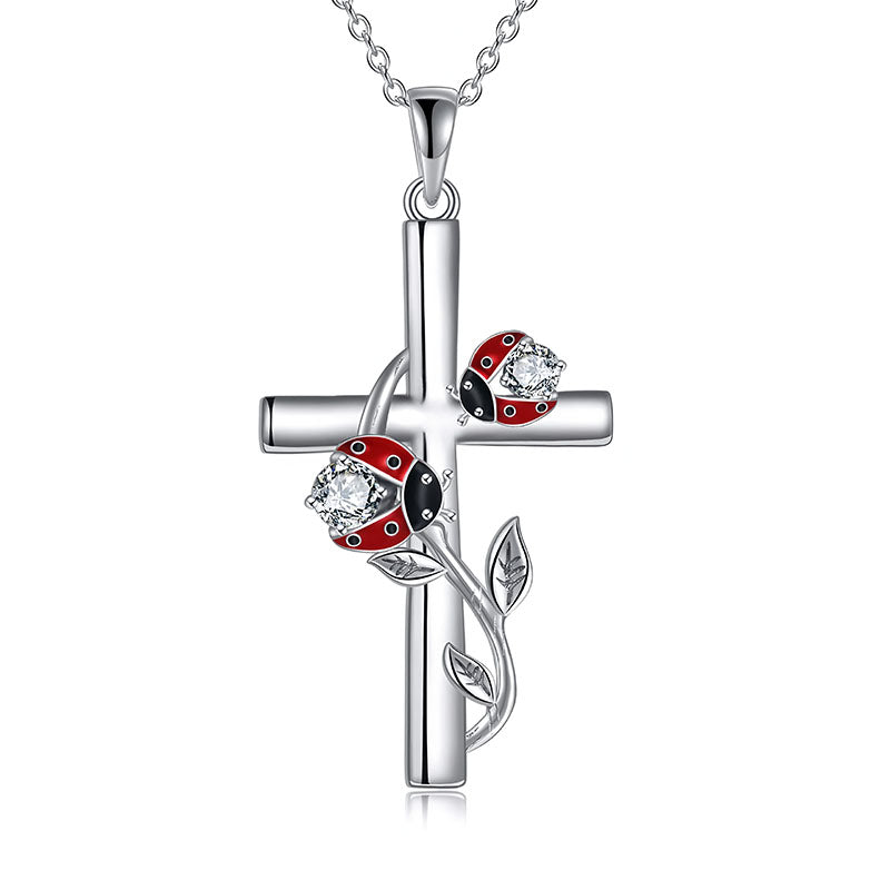 Origsoul S925 sterling silver ladybug cross necklace with gemstone accents and floral design