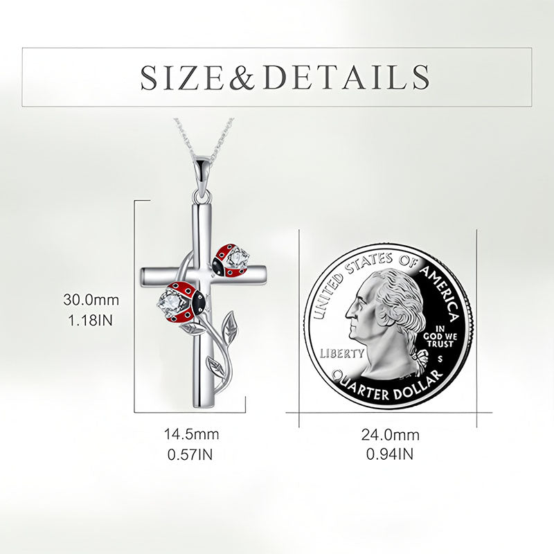 S925 sterling silver ladybug cross necklace featuring a floral design with sparkling accents