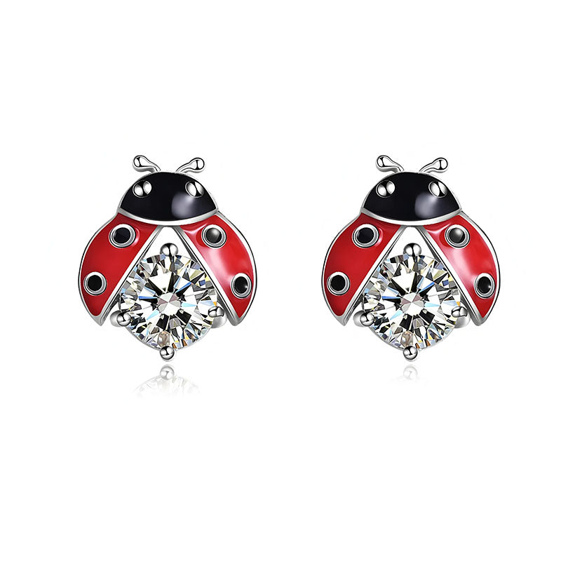Origsoul S925 sterling silver ladybug earrings with sparkling crystals and colorful enamel details