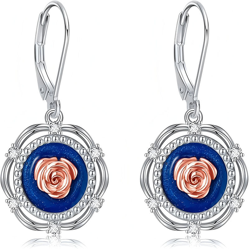 Origsoul S925 sterling silver rose earrings with blue and rose gold accents for elegant style