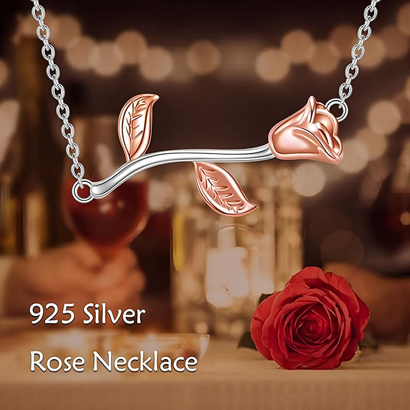 S925 sterling silver rose necklace featuring a delicate rose design with leaves on a chain