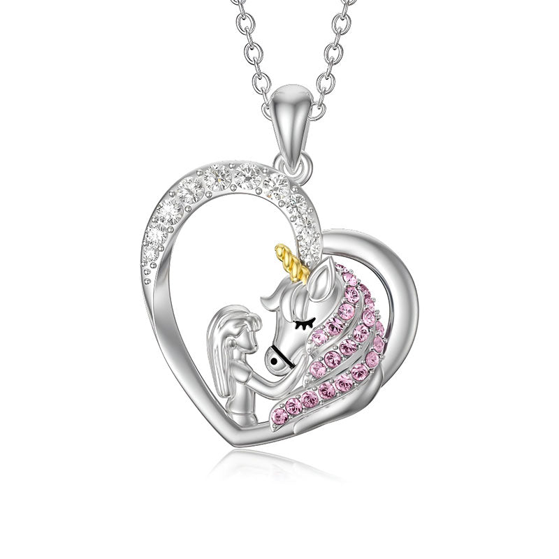 Origsoul S925 sterling silver unicorn necklace with heart design and pink stones