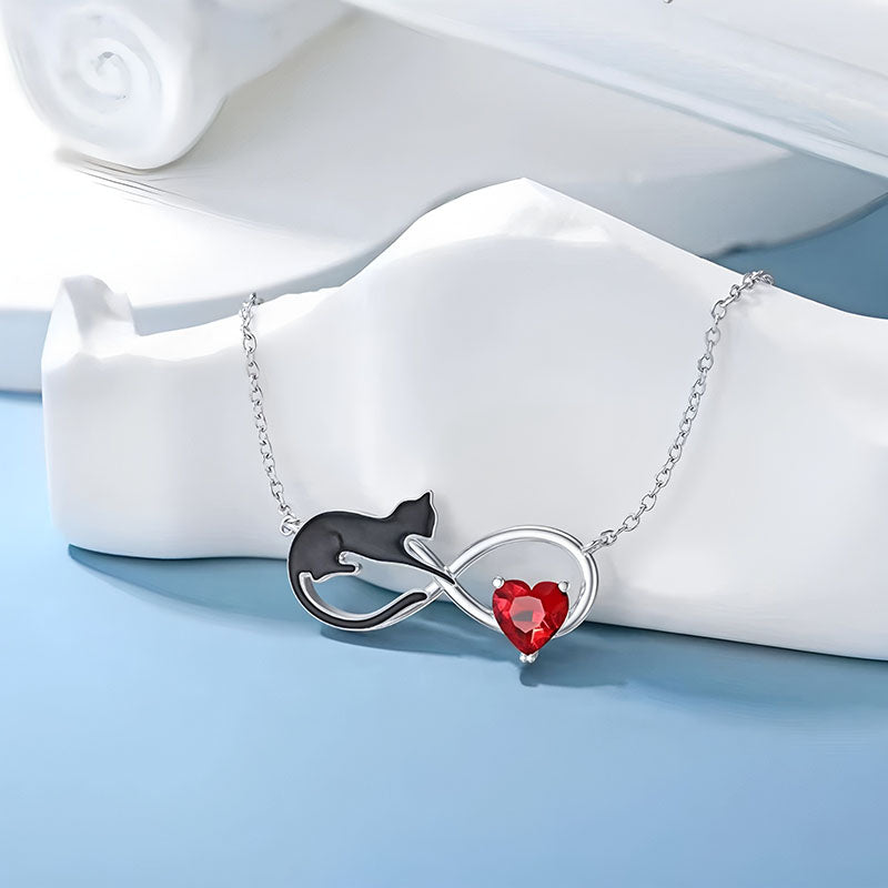 Origsoul silver necklace with black cat and heart-shaped red zircon cat jewelry gift