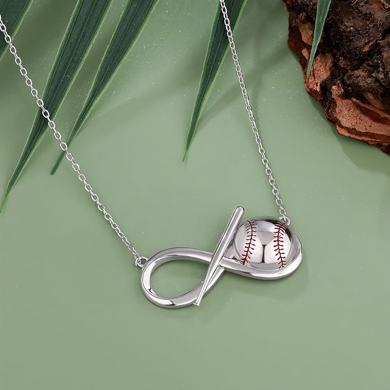 Origsoul baseball infinity pendant necklace with silver chain and baseball design on green background