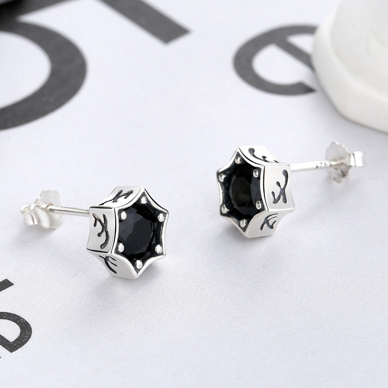 Origsoul black gem star stud earrings in silver setting from cosmic jewelry collection