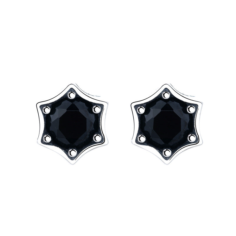 Origsoul star stud earrings with black gemstone in silver star-shaped setting cosmic jewelry