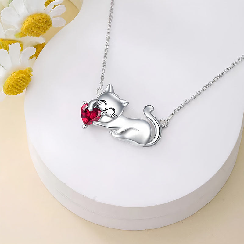 Origsoul silver cat necklace with a cute cat holding a red heart pendant on a delicate chain