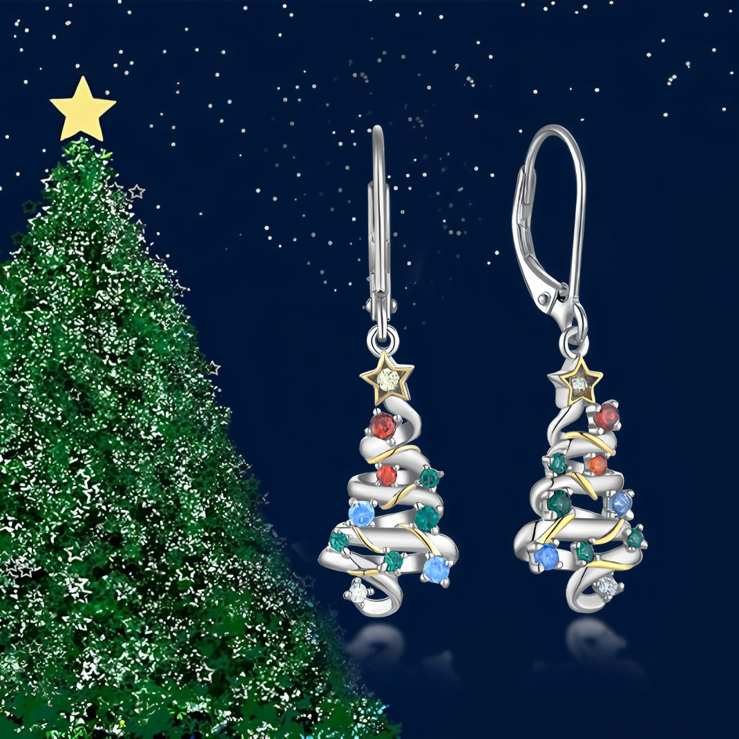 Origsoul holiday dangle earrings for women shaped like decorated Christmas trees with colorful stones
