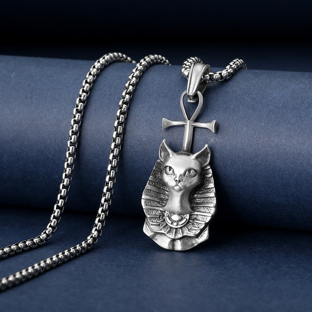 Origsoul silver Egyptian cat necklace with detailed pendant and ankh symbol on a chain