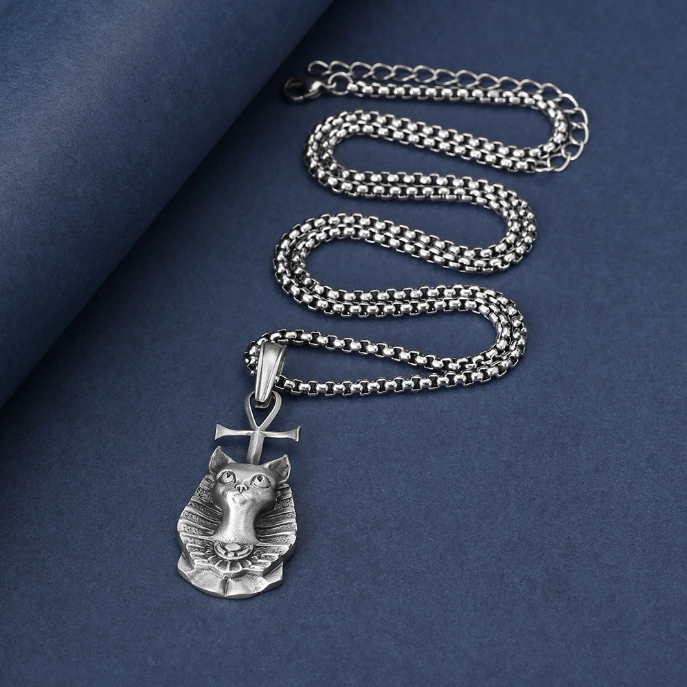 Origsoul Egyptian cat necklace with detailed silver cat pendant and cross on silver chain