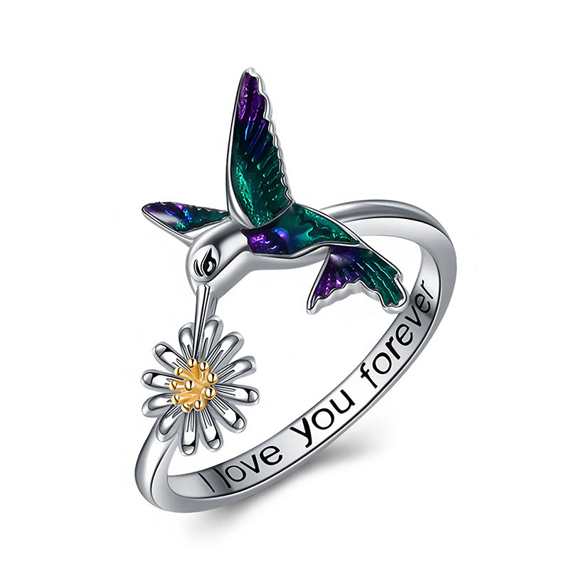 Origsoul hummingbird flower ring with colorful enamel hummingbird and engraved love you forever message