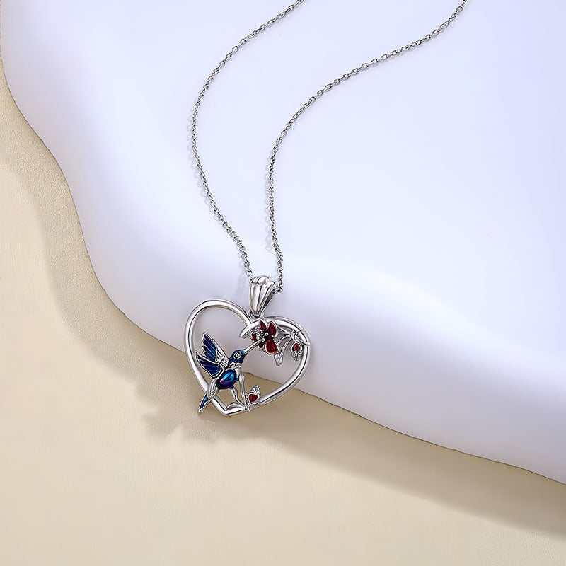 Origsoul hummingbird heart pendant necklace with silver chain and colorful hummingbird detail