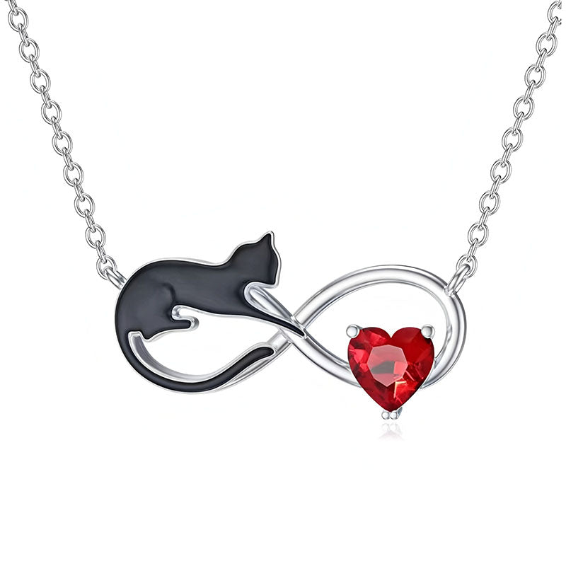 Origsoul silver necklace with black cat and heart-shaped red zircon cat jewelry gift pendant