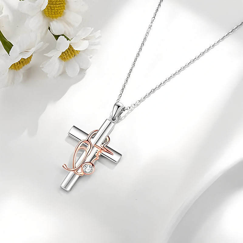 Origsoul nurse cross necklace with silver cross and rose gold stethoscope pendant on delicate chain