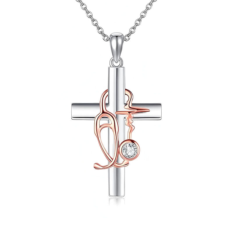Origsoul nurse cross necklace with silver cross and rose gold stethoscope design pendant