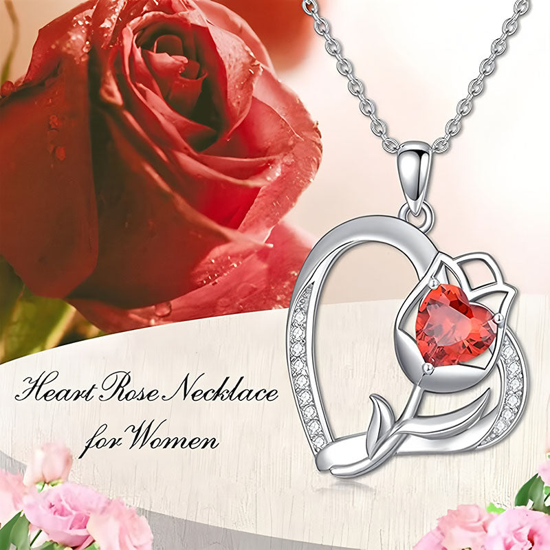 Origsoul silver rose heart pendant necklace with heart-shaped red gemstone and decorative chain
