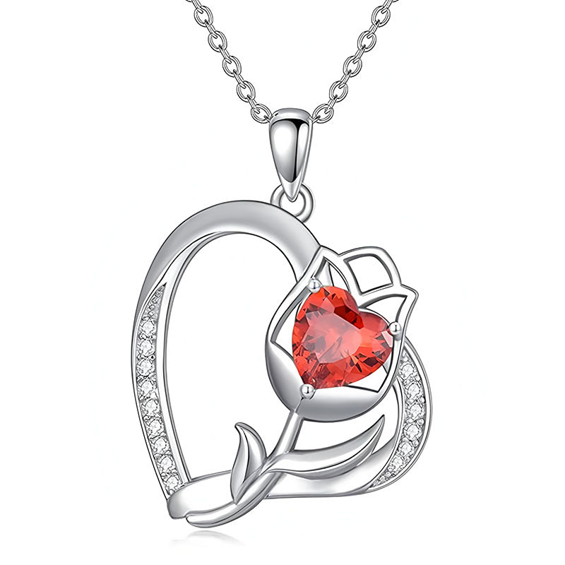 Origsoul silver rose heart pendant necklace with red heart-shaped gemstone and delicate chain