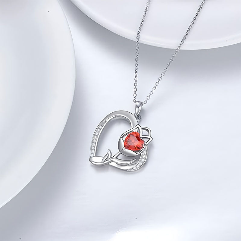 Origsoul silver rose heart pendant necklace with red gemstone and delicate chain on white background
