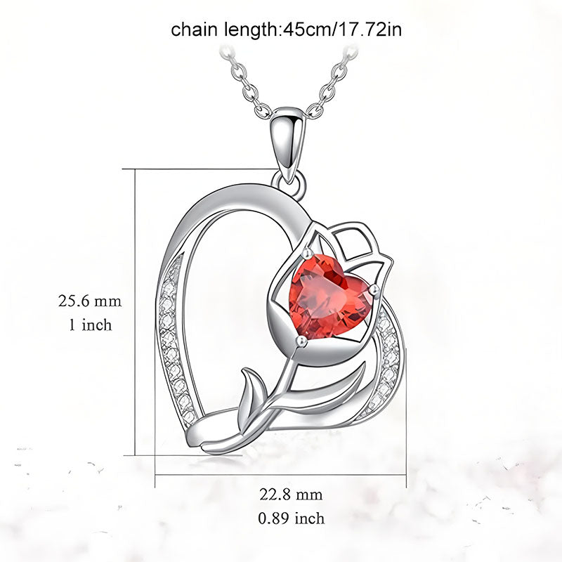 Origsoul silver rose heart pendant necklace with red heart-shaped gem and detailed chain