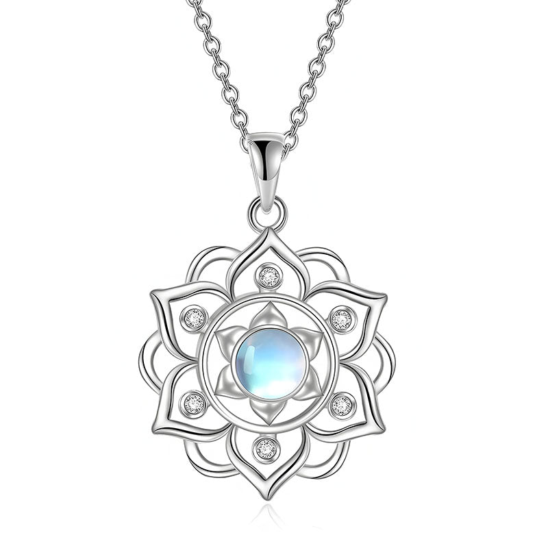 Origsoul sacred geometry pendant jewelry with silver floral design and blue center stone necklace