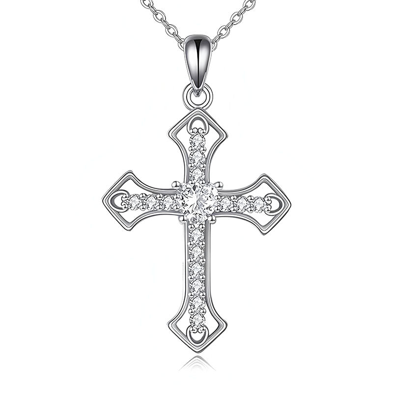 Origsoul sparkling cross pendant necklace with silver chain and clear gemstones
