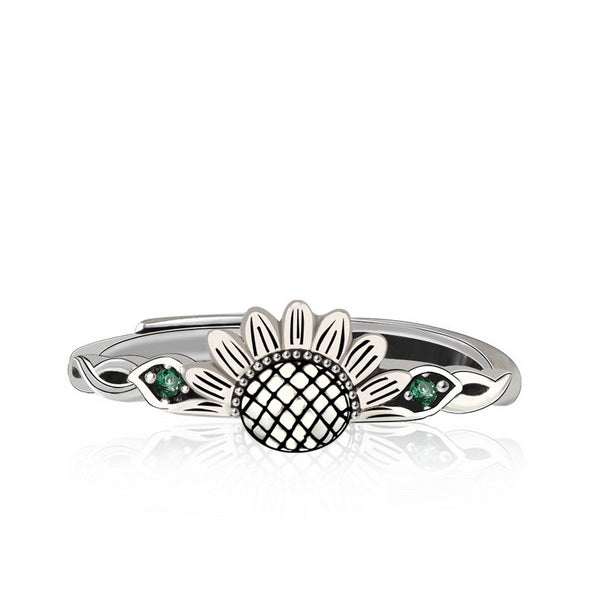 Origsoul sunflower antique ring in silver with green gemstone accents on band