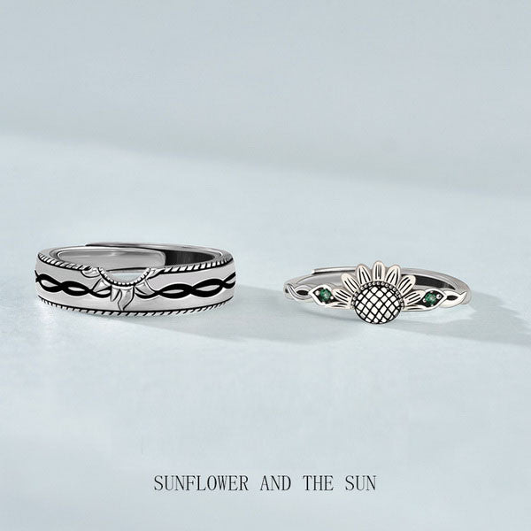 Origsoul sunflower antique ring with detailed sunflower design and matching silver band on light background