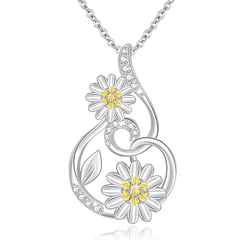 Origsoul silver sunflower pendant necklace with yellow gemstone centers and decorative chain
