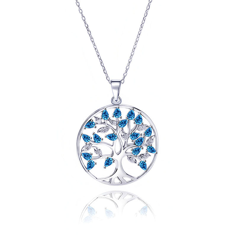 Origsoul triple color tree of life necklace with blue gemstone leaves on silver chain