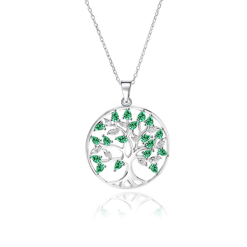 Origsoul triple color tree of life necklace with green gemstone leaves on silver chain