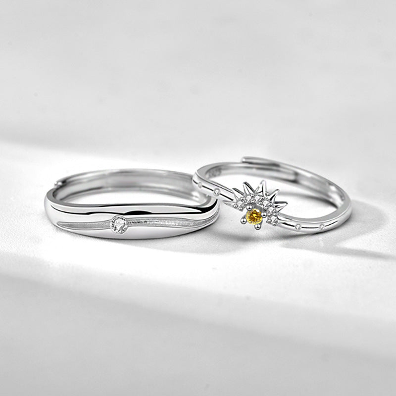 Origsoul unique promise ring for him and her silver bands with clear and yellow gemstones