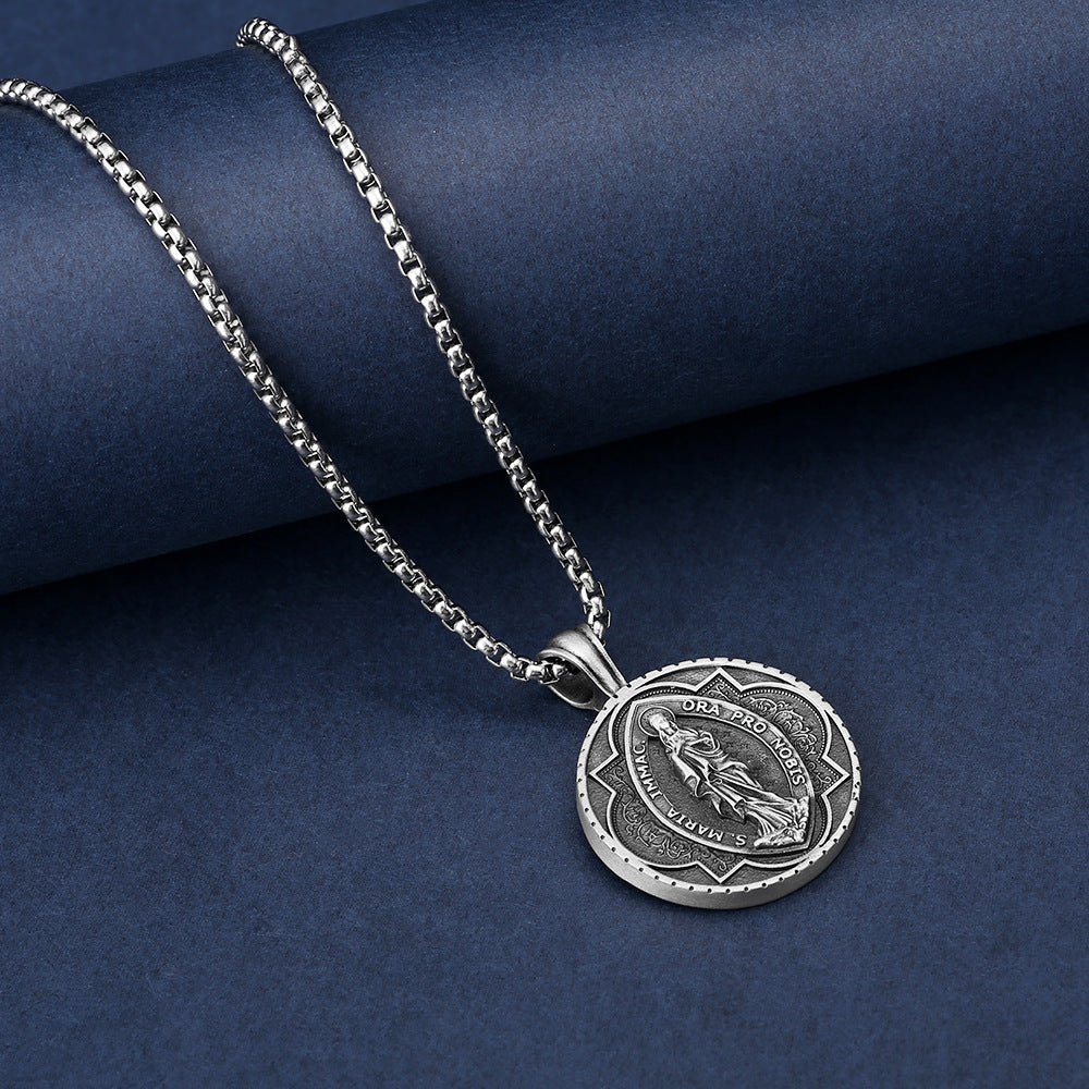 Origsoul Tranquil Spirit Collection silver Virgin Mary necklace with detailed round pendant on chain