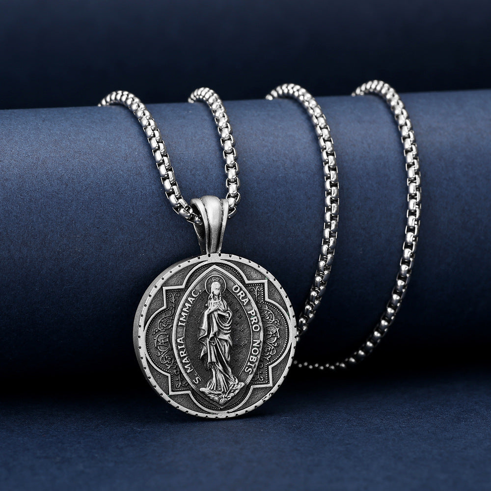 Origsoul Tranquil Spirit Collection Virgin Mary necklace with detailed silver pendant on chain