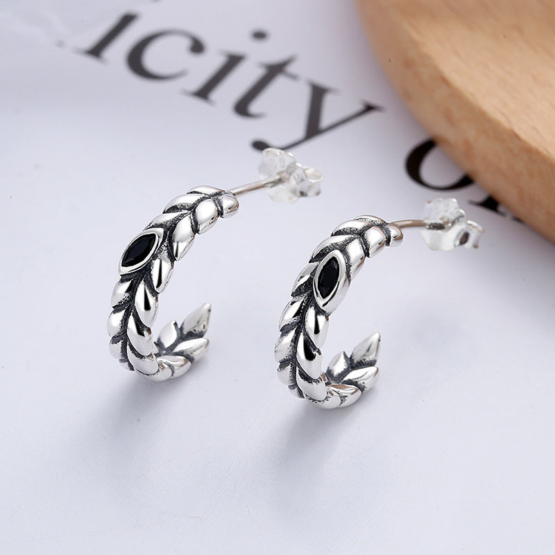Origsoul silver wheat hoop earrings with intricate leaf design and black accent stones