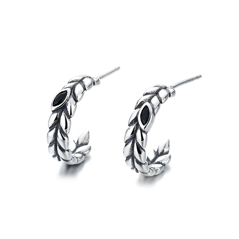 Origsoul silver wheat hoop earrings with black accents and textured leaf design