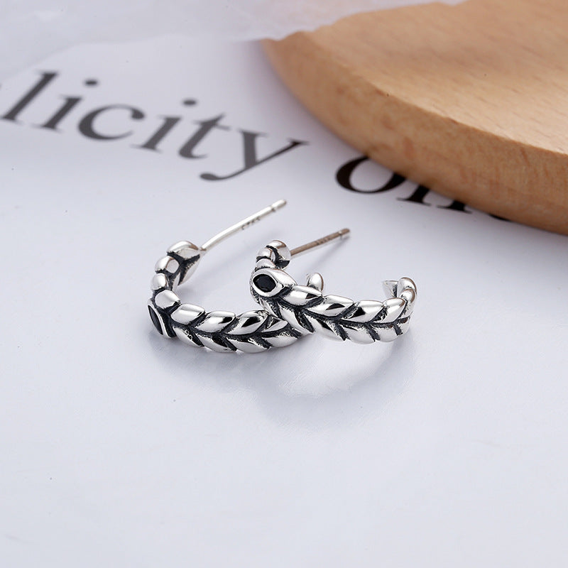 Origsoul silver wheat hoop earrings with detailed leaf pattern on white background