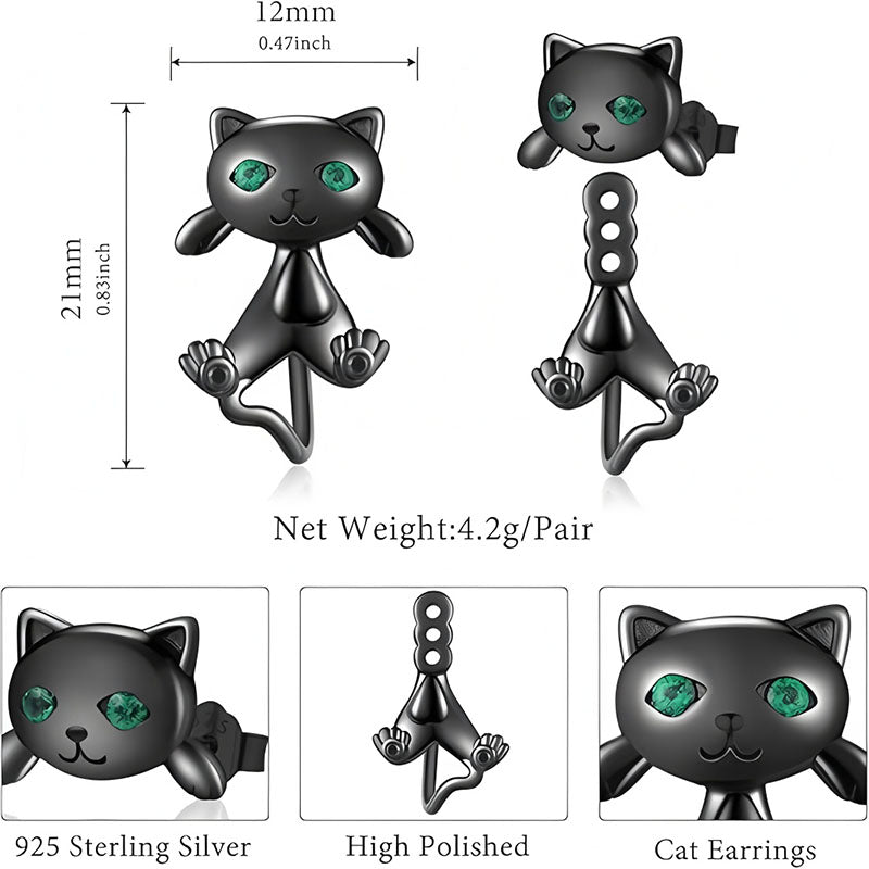 Origsoul black cat face earrings in sterling silver with green eyes and high polished finish