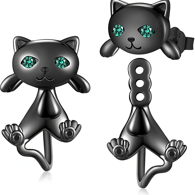 Origsoul black cat face earrings with green gemstone eyes and playful cat design