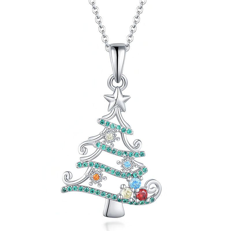 Origsoul silver Christmas tree necklace adorned with colorful gemstones and star detail