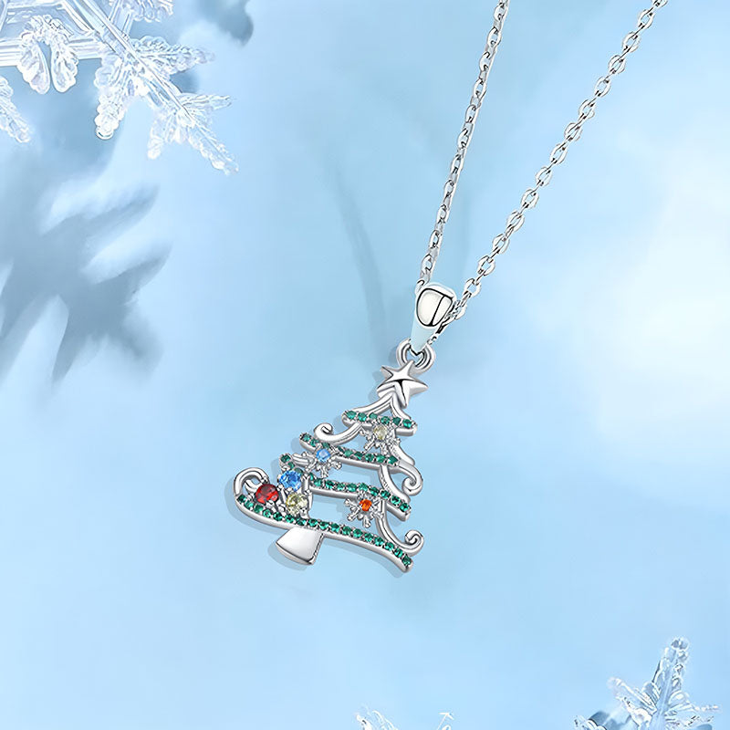 Origsoul silver Christmas tree necklace with colorful gemstone decorations on a silver chain