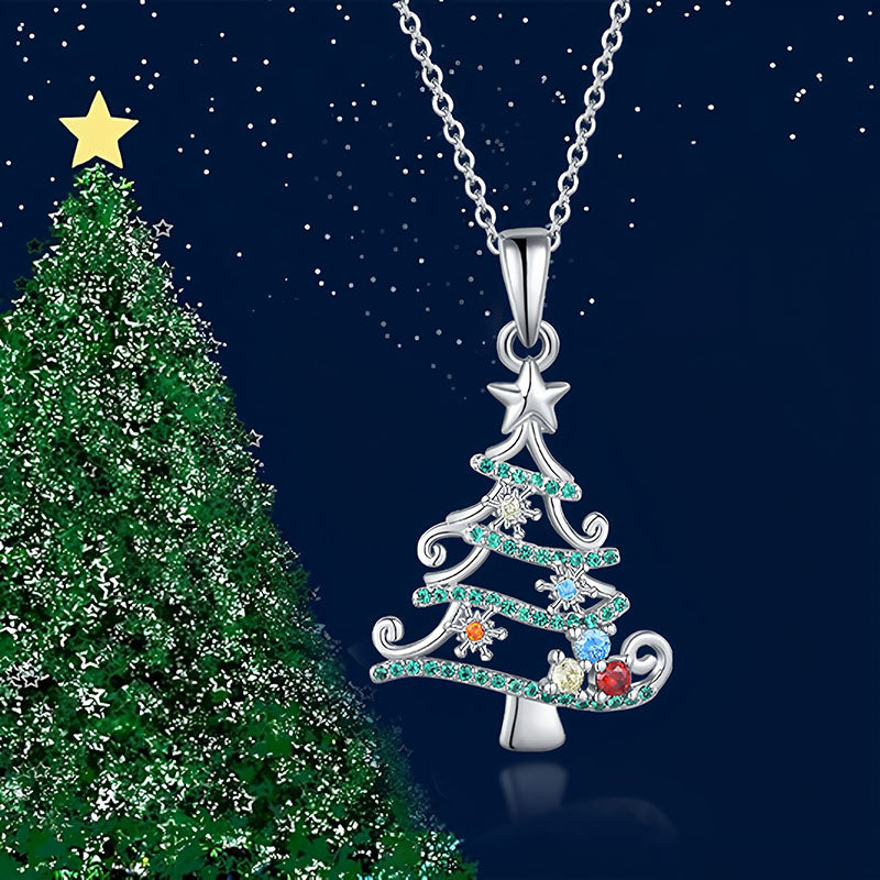 Origsoul Christmas tree necklace with silver design and colorful gemstone accents on a delicate chain